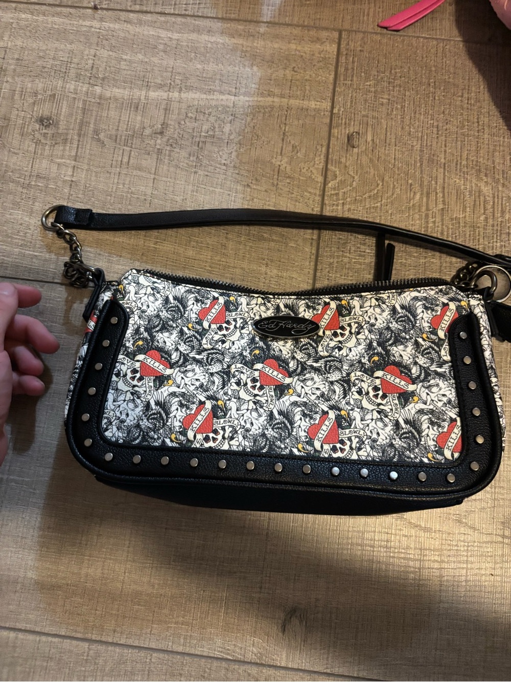 Ed Hardy Black & White Skull Mini Shoulder Bag with Red Heart Accents